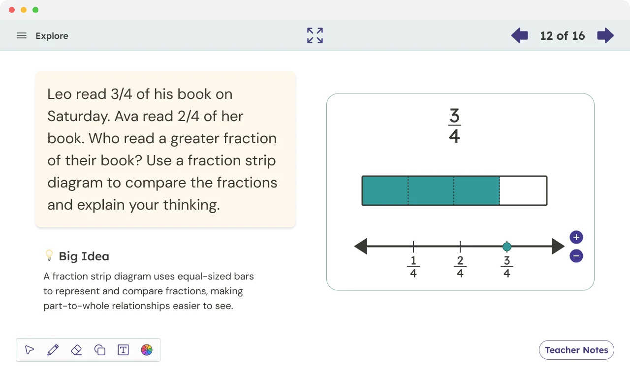 After: same screen with a task card framing the fractions question alongside the Big Idea