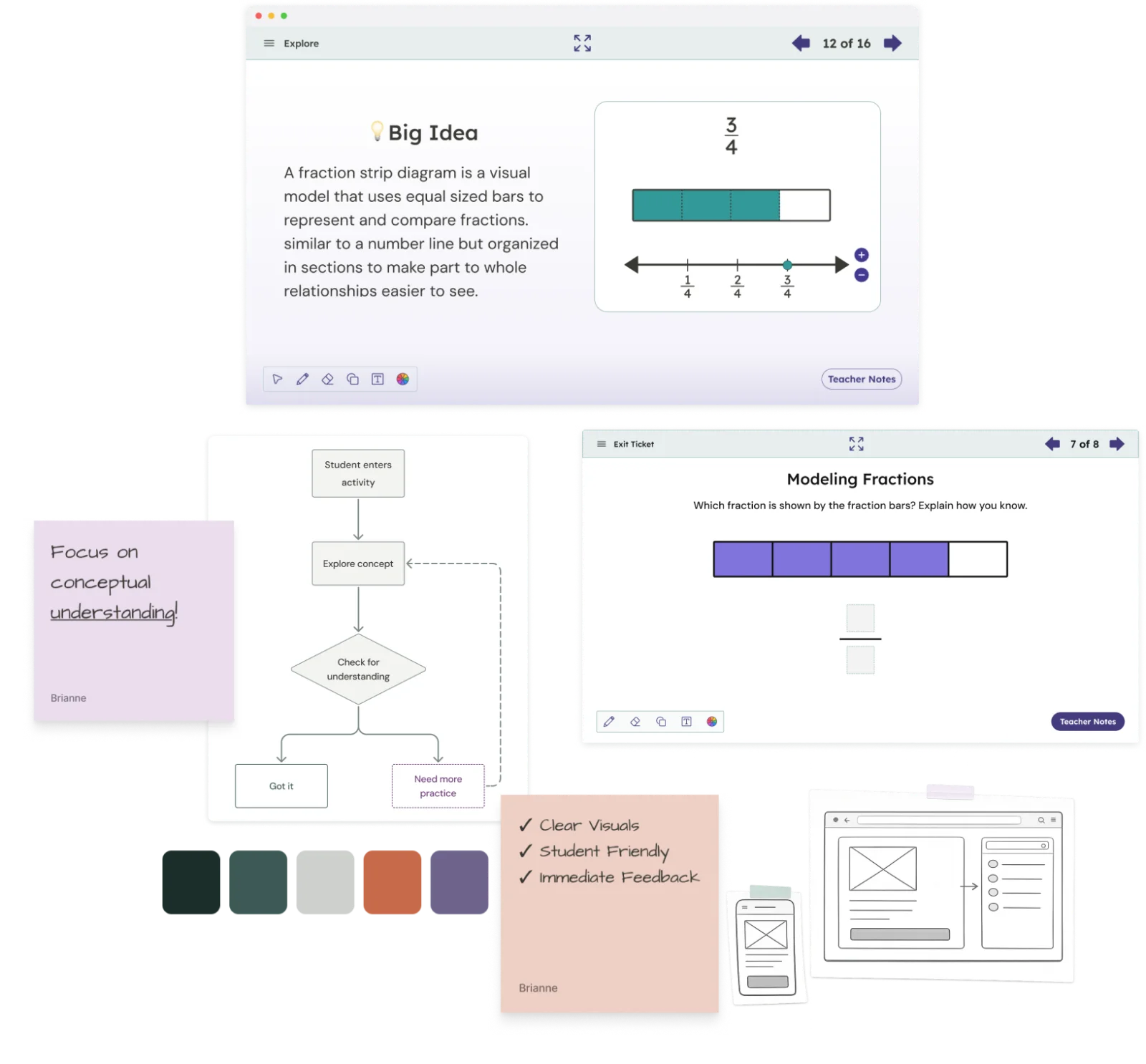 Working collage: lesson screens, a flow diagram, sticky notes, a color palette, and wireframe sketches